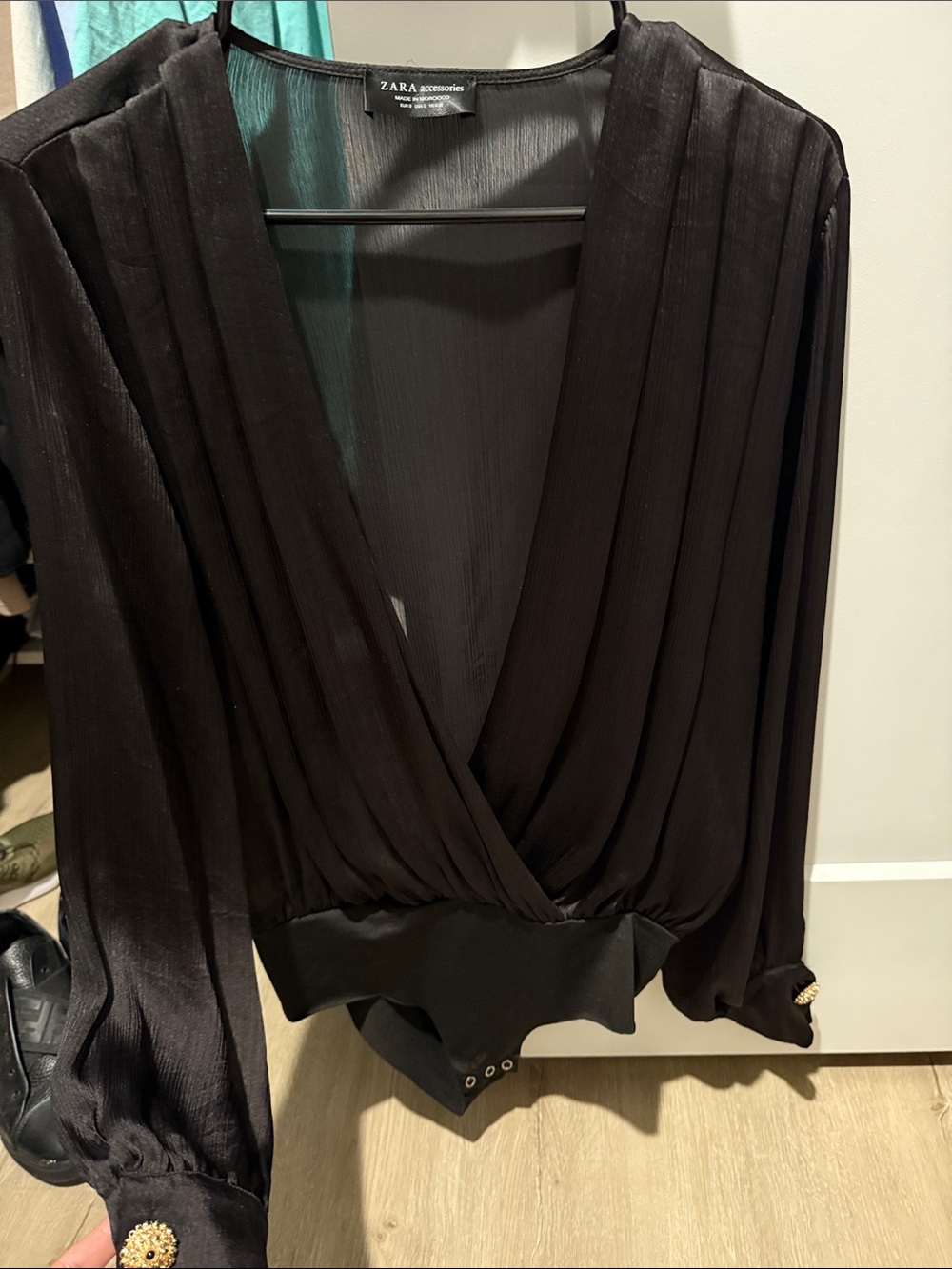 ZARA Black Pleated V-Neck Long-Sleeve Bodysuit with Gold-Tone Cuff Buttons